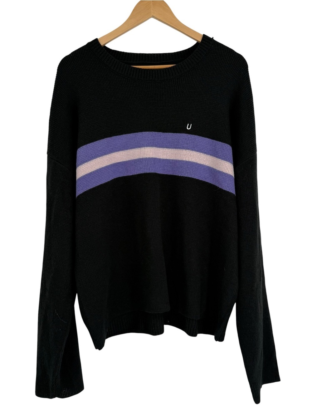 Urban Outfitters men’s Stripe Crew neck sweater Size L Black Purple Pullover